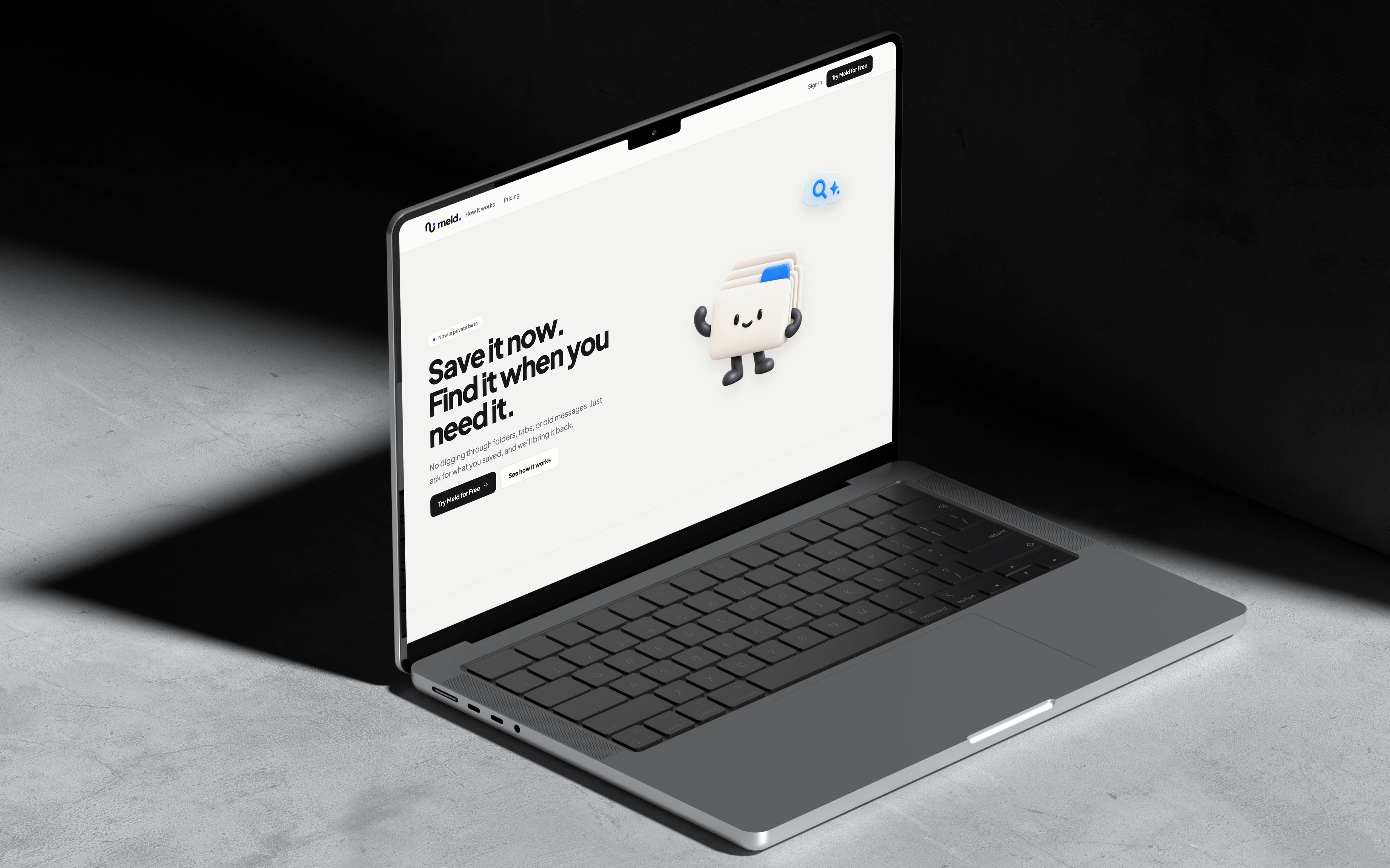 Meld's landing page on a MacBook Pro in a dark concrete room