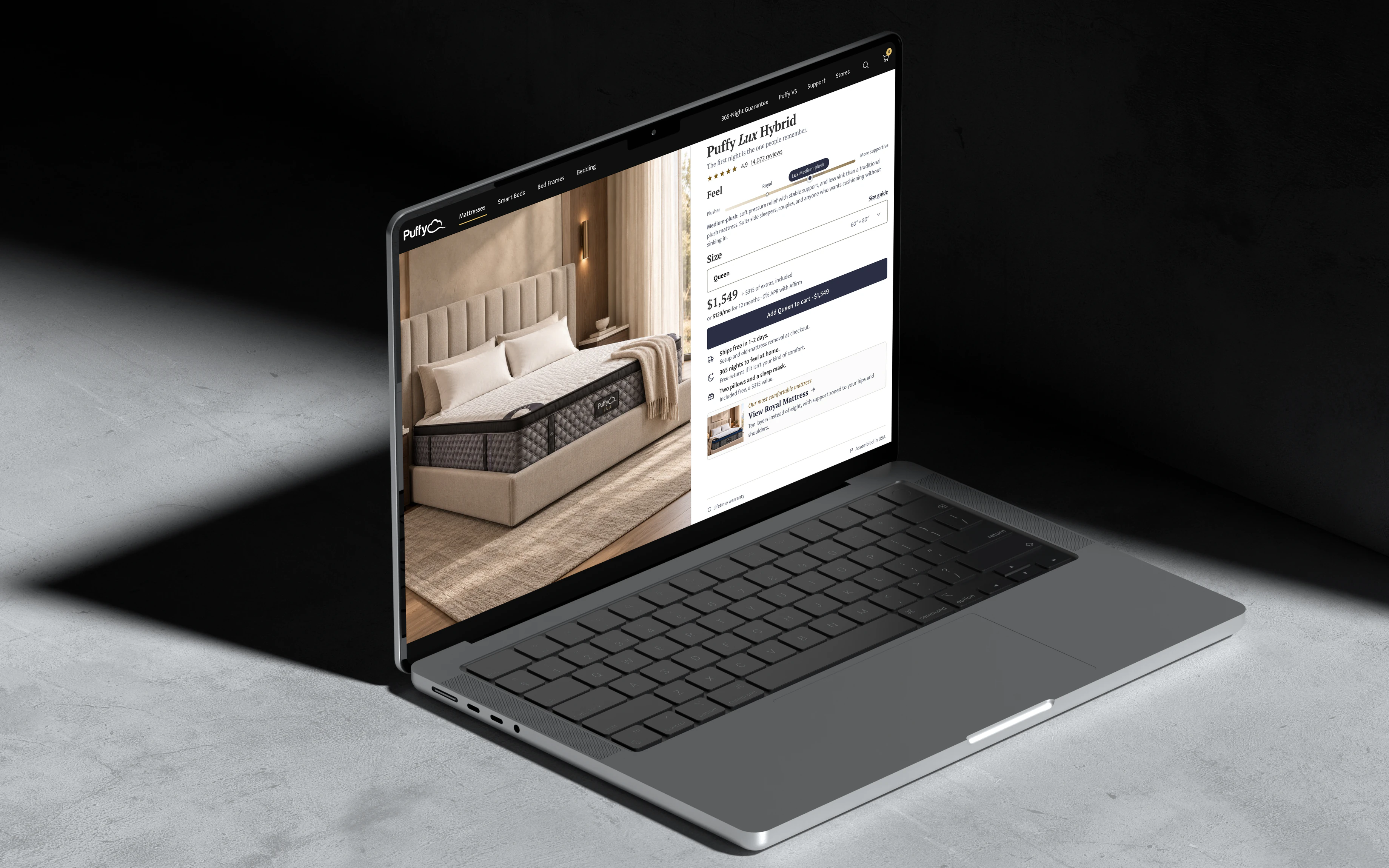 The redesigned Puffy Lux product page on a MacBook Pro